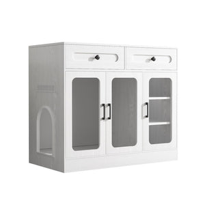 English Elm Cat Litter Box Cabinet with Glass Doors Led Light Drawers and Wood Grain Finish White N704P395520K