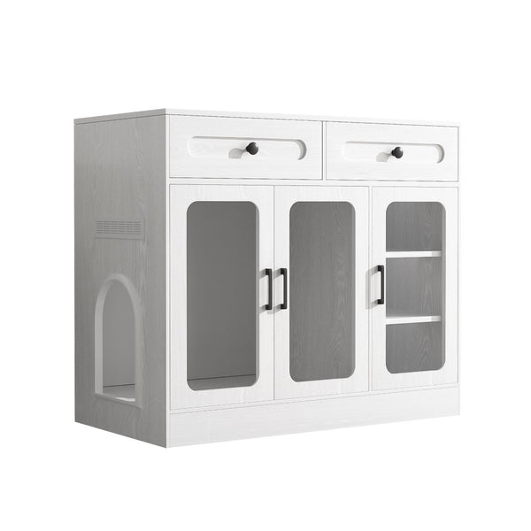 English Elm Cat Litter Box Cabinet with Glass Doors Led Light Drawers and Wood Grain Finish White N704P395520K