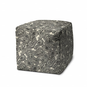 Homeroots 17" Gray Polyester Cube Paisley Indoor Outdoor Pouf Ottoman   474402