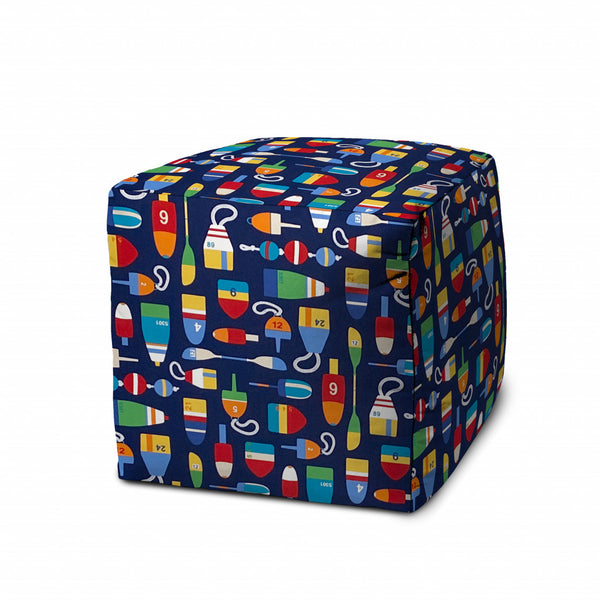 Homeroots 17" Blue Polyester Cube Indoor Outdoor Pouf Ottoman   474409