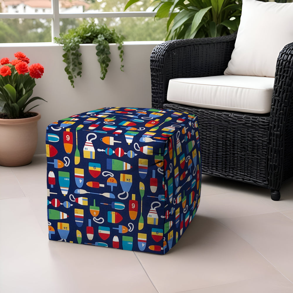 Homeroots 17" Blue Polyester Cube Indoor Outdoor Pouf Ottoman   474409