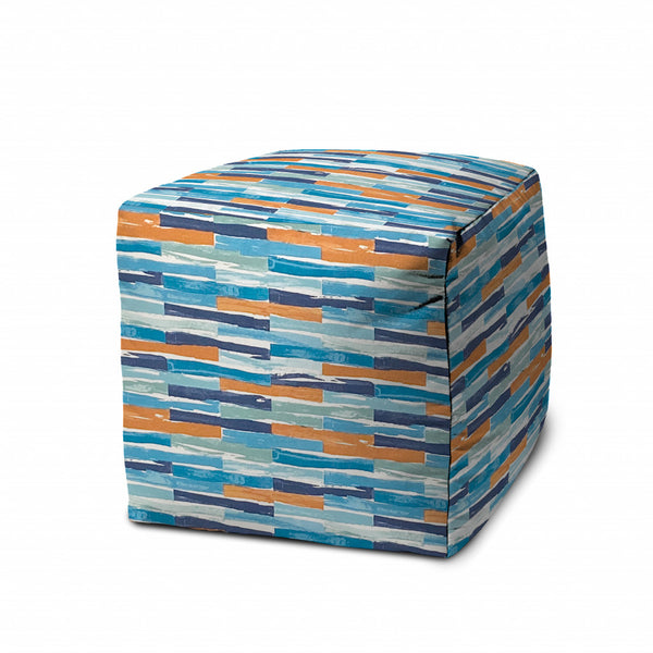 Homeroots 17" Blue And Orange Geometric Indoor Outdoor Pouf Ottoman   474411