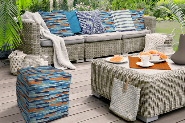 Homeroots 17" Blue And Orange Geometric Indoor Outdoor Pouf Ottoman   474411