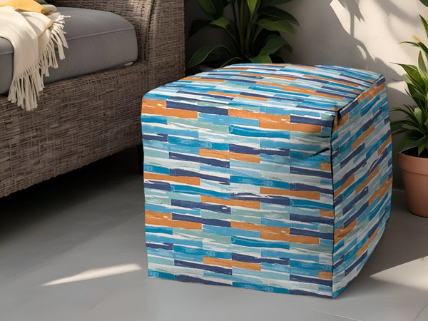 Homeroots 17" Blue And Orange Geometric Indoor Outdoor Pouf Ottoman   474411