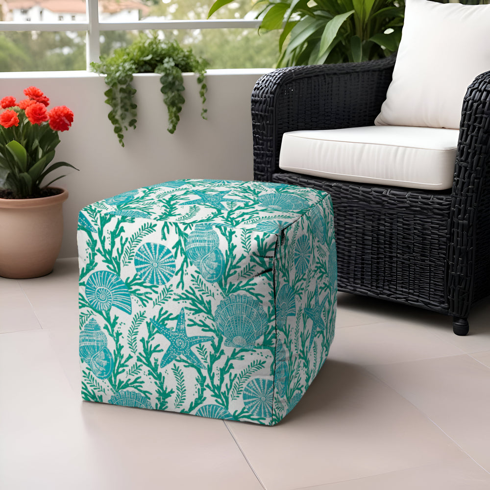 Homeroots 17" Turquoise Polyester Cube Indoor Outdoor Pouf Ottoman   474422