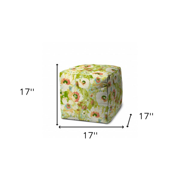 Homeroots 17" Green Polyester Cube Floral Indoor Outdoor Pouf Ottoman   474425