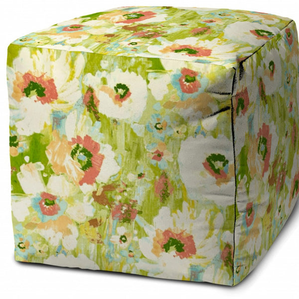 Homeroots 17" Green Polyester Cube Floral Indoor Outdoor Pouf Ottoman   474425