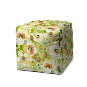 Homeroots 17" Green Polyester Cube Floral Indoor Outdoor Pouf Ottoman   474426