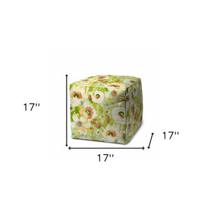 Homeroots 17" Green Polyester Cube Floral Indoor Outdoor Pouf Ottoman   474426