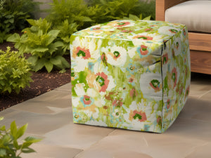 Homeroots 17" Green Polyester Cube Floral Indoor Outdoor Pouf Ottoman   474426