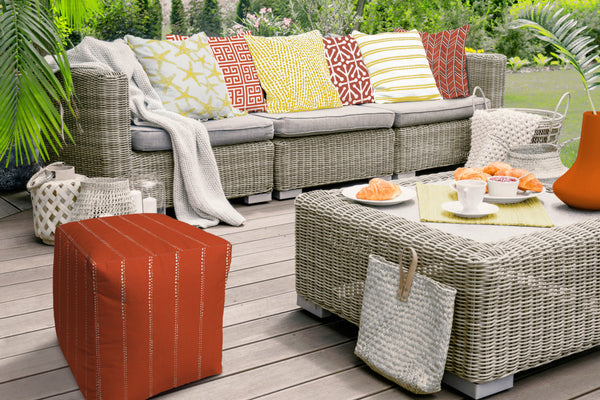 Homeroots 17" Orange Polyester Cube Striped Indoor Outdoor Pouf Ottoman Orange  474431