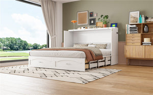 English Elm Queen Murphy Wall Bed with Drawers Usb Charging Ports Pulley Lift Mdf Cabinet White LP100671AAK-1