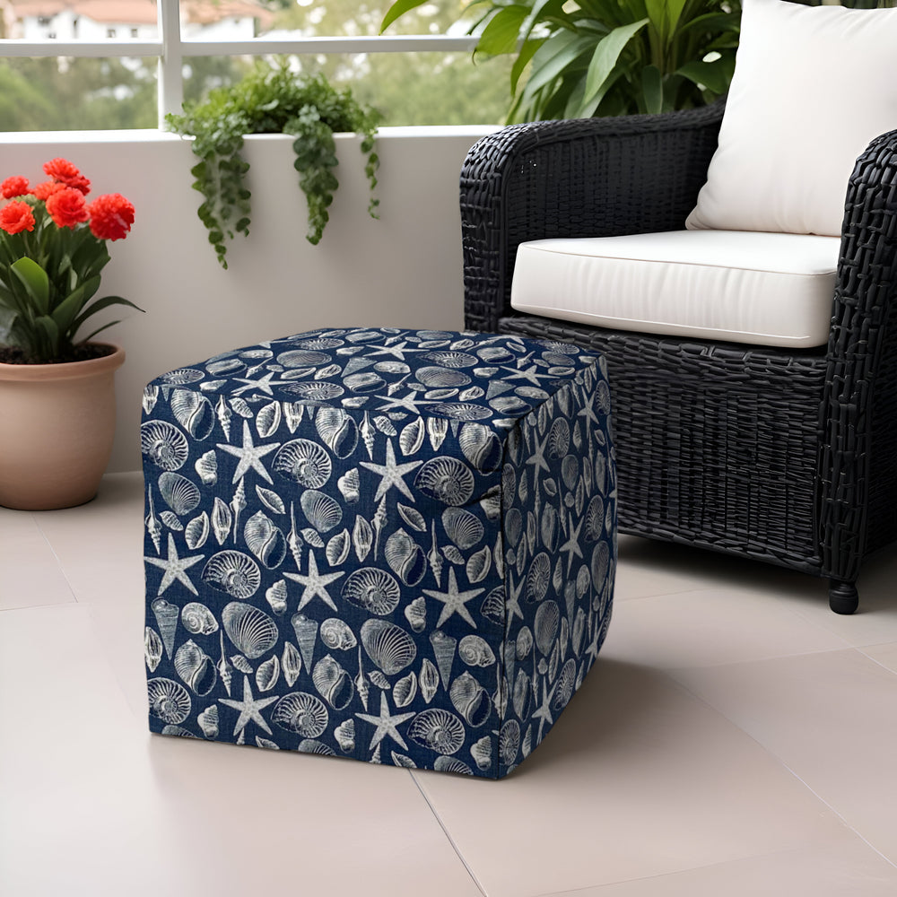 Homeroots 17" Blue Polyester Cube Indoor Outdoor Pouf Ottoman Blue  474440