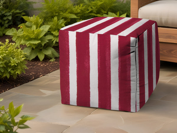Homeroots 17" Red And White Polyester Cube Striped Indoor Outdoor Pouf Ottoman Raspberry  474447