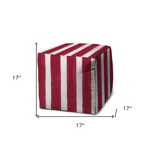 Homeroots 17" Pink Polyester Cube Striped Indoor Outdoor Pouf Ottoman Raspberry  474448