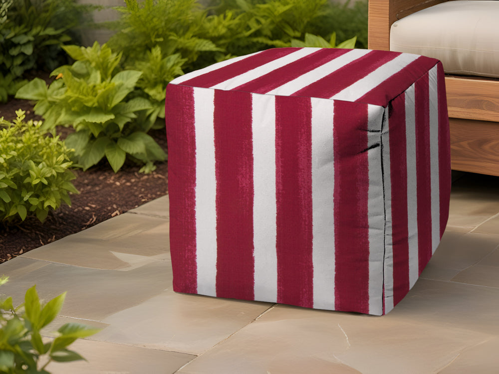 Homeroots 17" Pink Polyester Cube Striped Indoor Outdoor Pouf Ottoman Raspberry  474448