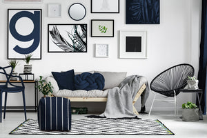 Homeroots 17" Blue Polyester Cube Striped Indoor Outdoor Pouf Ottoman Navy Blue  474461