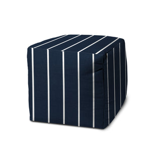 Homeroots 17" Blue Polyester Cube Striped Indoor Outdoor Pouf Ottoman Navy Blue  474462
