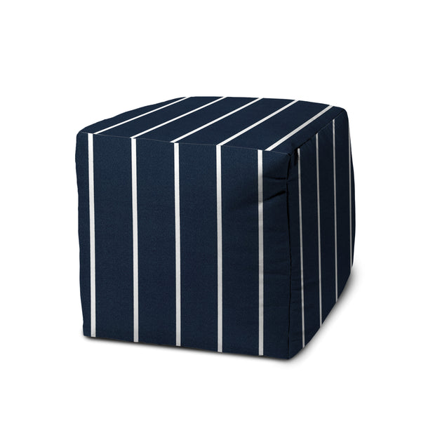 Homeroots 17" Blue Polyester Cube Striped Indoor Outdoor Pouf Ottoman Navy Blue  474462