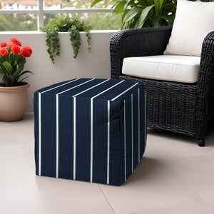 Homeroots 17" Blue Polyester Cube Striped Indoor Outdoor Pouf Ottoman Navy Blue  474462
