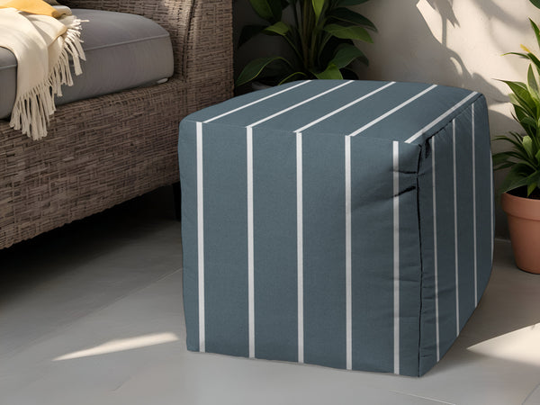 Homeroots 17" Blue Polyester Cube Striped Indoor Outdoor Pouf Ottoman Slate Blue  474468