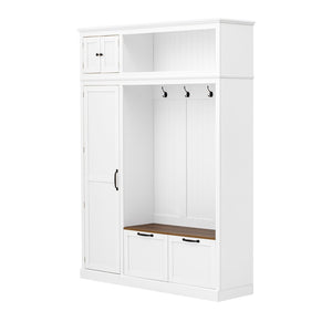 English Elm 3-in-1 Entryway Hall Tree with Cabinet Hooks Bench Drawers and Adjustable Shelving White SJ000160AAK