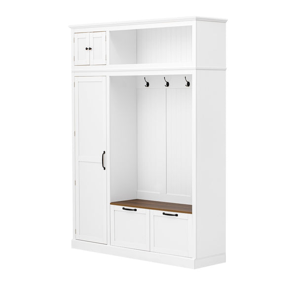 English Elm 3-in-1 Entryway Hall Tree with Cabinet Hooks Bench Drawers and Adjustable Shelving White SJ000160AAK