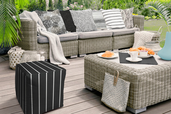 Homeroots 17" Gray Polyester Cube Striped Indoor Outdoor Pouf Ottoman Charcoal  474475