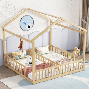 English Elm Double Twin House-Style Floor Bed with Fence Guardrails for Kids, Pine & Plywood Durable Design Natural W504P308461