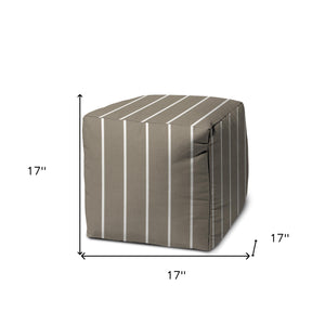 Homeroots 17" Taupe Polyester Cube Striped Indoor Outdoor Pouf Ottoman Taupe,Beige  474481