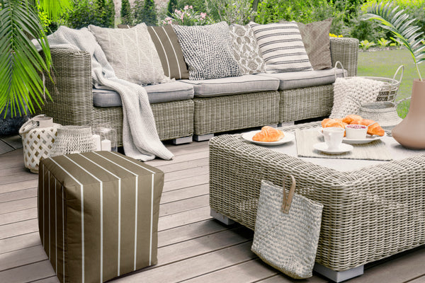 Homeroots 17" Taupe Polyester Cube Striped Indoor Outdoor Pouf Ottoman Taupe,Beige  474482