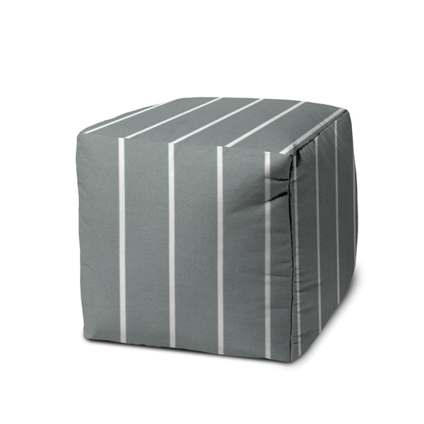 Homeroots 17" Gray Polyester Cube Striped Indoor Outdoor Pouf Ottoman Grey  474485