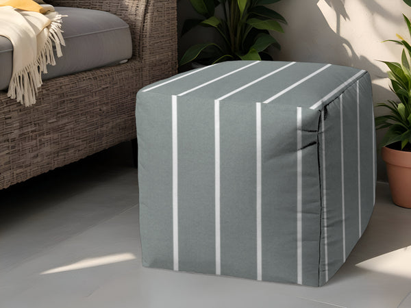 Homeroots 17" Gray Polyester Cube Striped Indoor Outdoor Pouf Ottoman Grey  474485