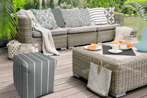 Homeroots 17" Gray Polyester Cube Striped Indoor Outdoor Pouf Ottoman Grey  474486