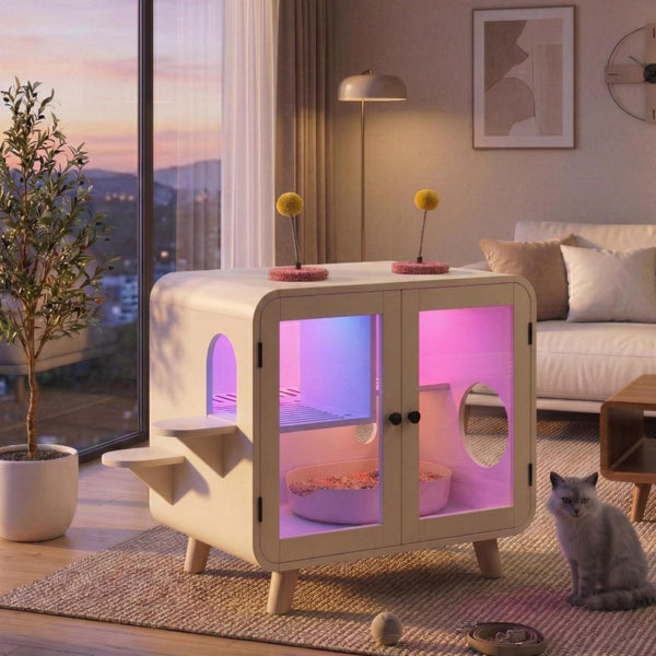 English Elm Cat Litter Box Enclosure Mdf Cabinet with Rgb Lighting Glass Doors and Play Loft Beige N704P419240A