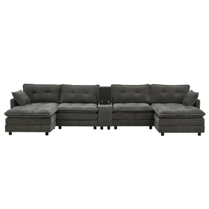 English Elm 154" Corduroy U-shaped Sectional with Ottomans Six Seat Modular Cloud Sofa Usb Console Grey W1998S00103