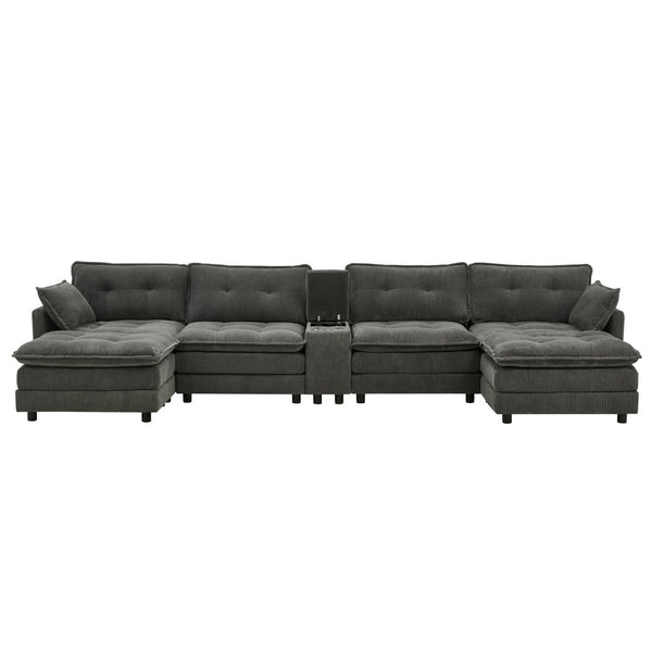 English Elm 154" Corduroy U-shaped Sectional with Ottomans Six Seat Modular Cloud Sofa Usb Console Grey W1998S00103