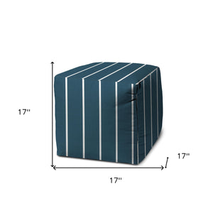 Homeroots 17" Turquoise Polyester Cube Striped Indoor Outdoor Pouf Ottoman Aqua,Turquoise  474657