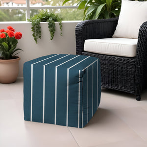 Homeroots 17" Turquoise Polyester Cube Striped Indoor Outdoor Pouf Ottoman Aqua,Turquoise  474658