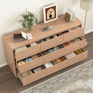 English Elm 9 Drawer Matte Wood Dresser with Wave Front Mid Century Modern Low Profile Storage Natural W409P387580