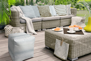 Homeroots 17" Blue Polyester Cube Striped Indoor Outdoor Pouf Ottoman Dusty Blue  474743