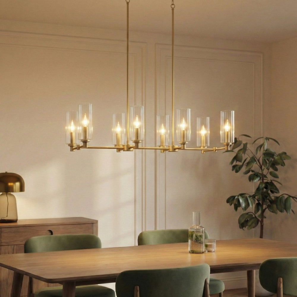 English Elm Willow Eight Light Linear Island Pendant Satin Brass Ribbed Glass Kitchen Fixture B183P231769