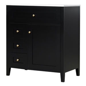 English Elm 30-Inch Contemporary Bathroom Vanity with Sink, MDF & Rubberwood, Glossy Finish, 3 Drawers + Cabinet Black N725P350819B
