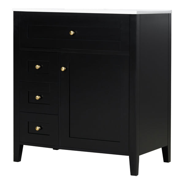 English Elm 30-Inch Contemporary Bathroom Vanity with Sink, MDF & Rubberwood, Glossy Finish, 3 Drawers + Cabinet Black N725P350819B