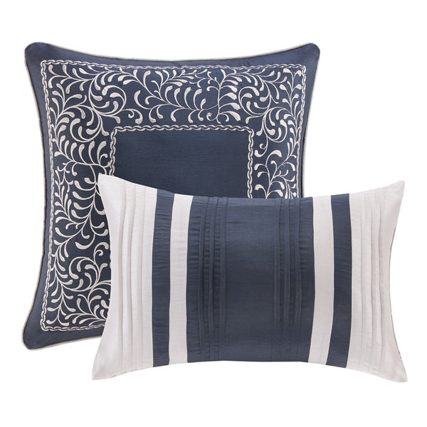 English Elm 8 Piece Jacquard Comforter Set - Elegant Navy Cal King With Metallic Shimmer And Decorative Pillows B03596805