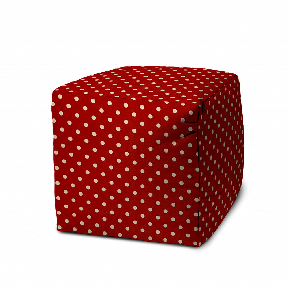 Homeroots 17" Red Polyester Cube Polka Dots Indoor Outdoor Pouf Ottoman   474943