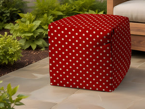 Homeroots 17" Red Polyester Cube Polka Dots Indoor Outdoor Pouf Ottoman   474944