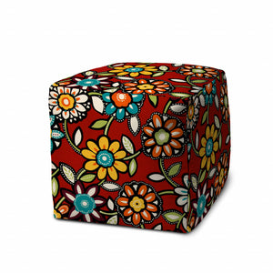 Homeroots 17" Red Polyester Cube Floral Indoor Outdoor Pouf Ottoman   474949