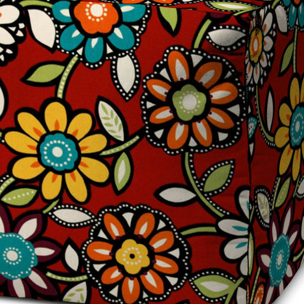 Homeroots 17" Red Polyester Cube Floral Indoor Outdoor Pouf Ottoman   474949
