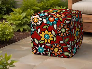 Homeroots 17" Red Polyester Cube Floral Indoor Outdoor Pouf Ottoman   474949